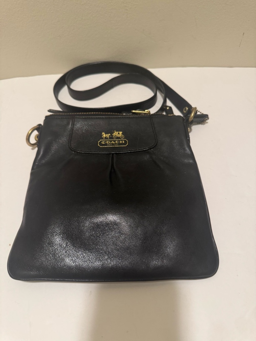 Coach Black Leather Crossbody with Gold Logo Accent